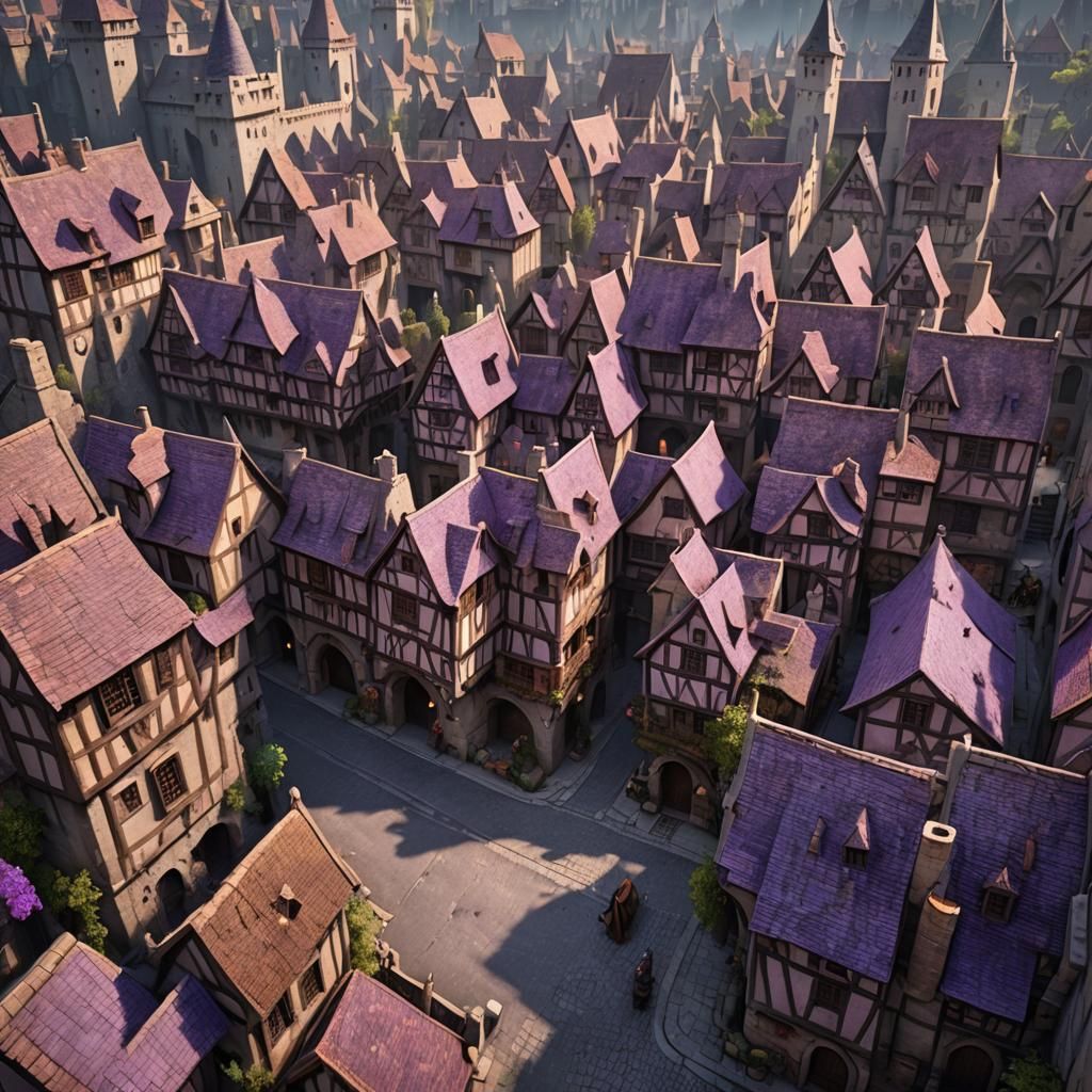 Vibrant Purple Medieval City Street in Detailed Matte Painti...