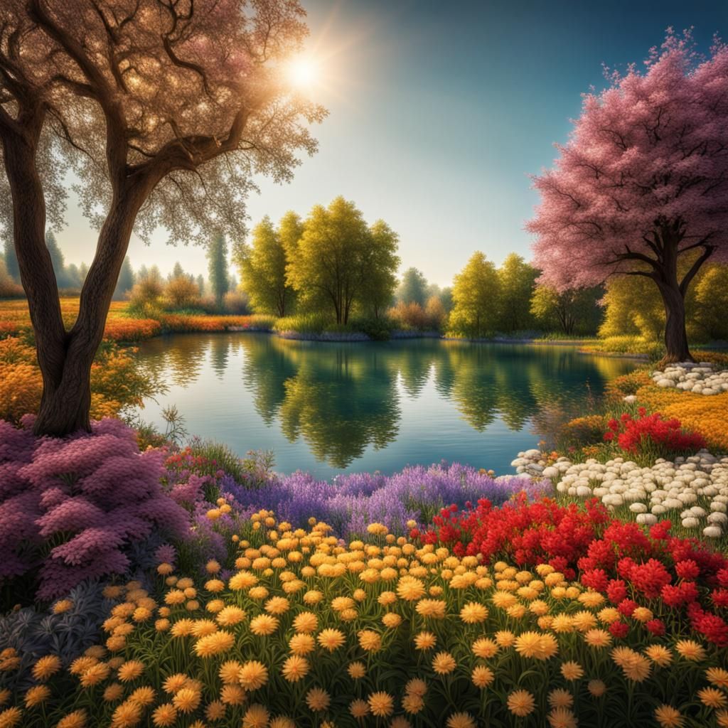 Colorful Lakeside Landscape in Hyperrealistic Style