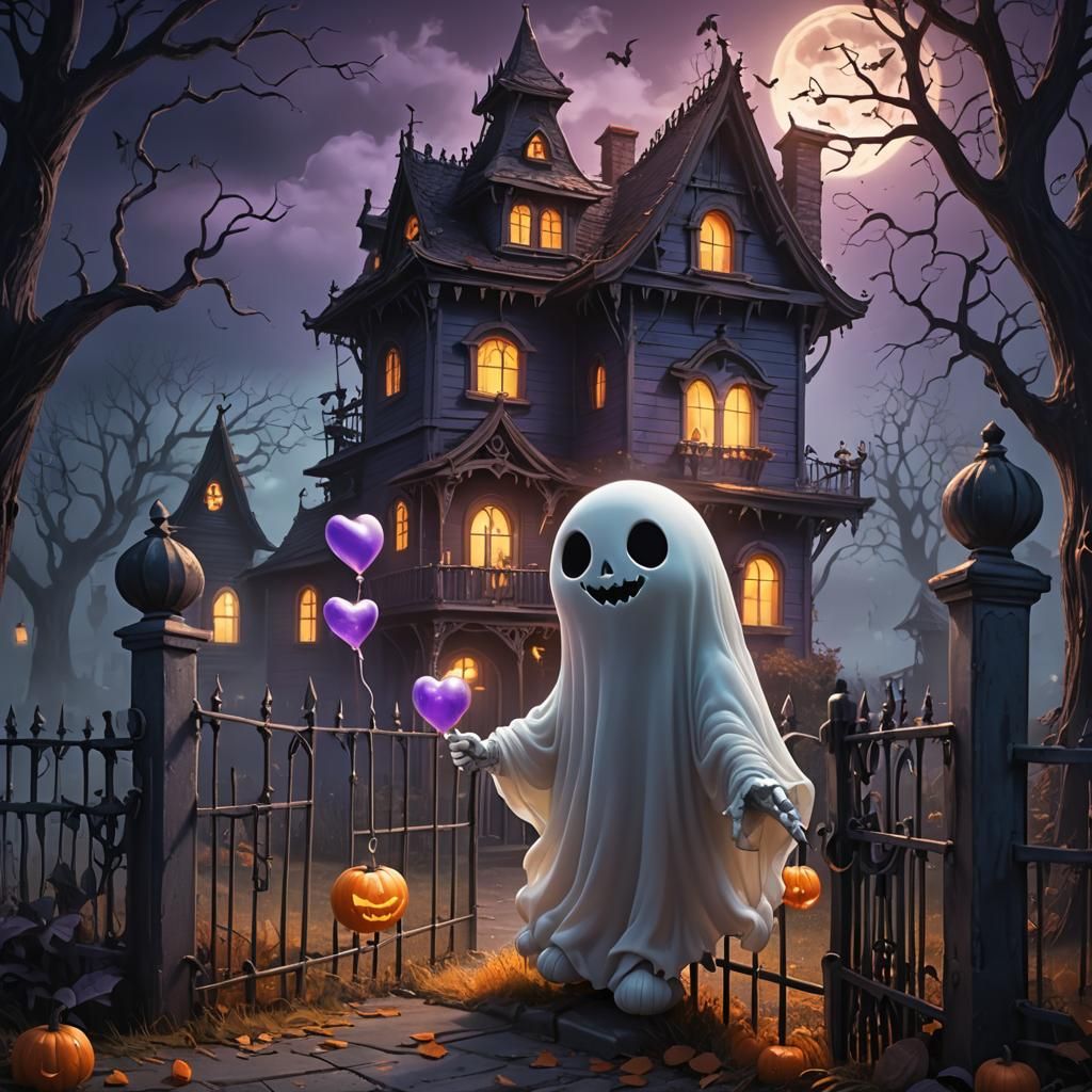 Cute Ghost with Balloon in Spooky Halloween Scene