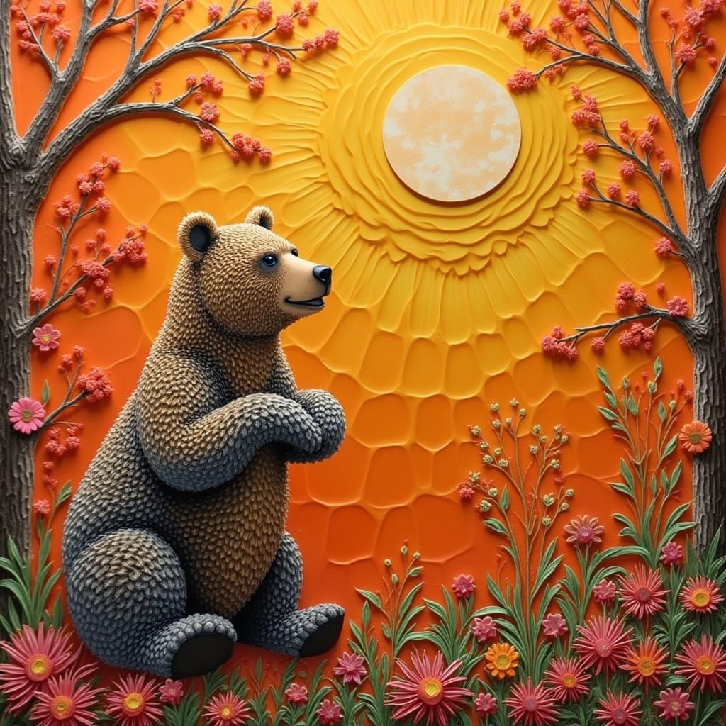 Surreal Honey Bear Collage with Fireweed and Sun Rays