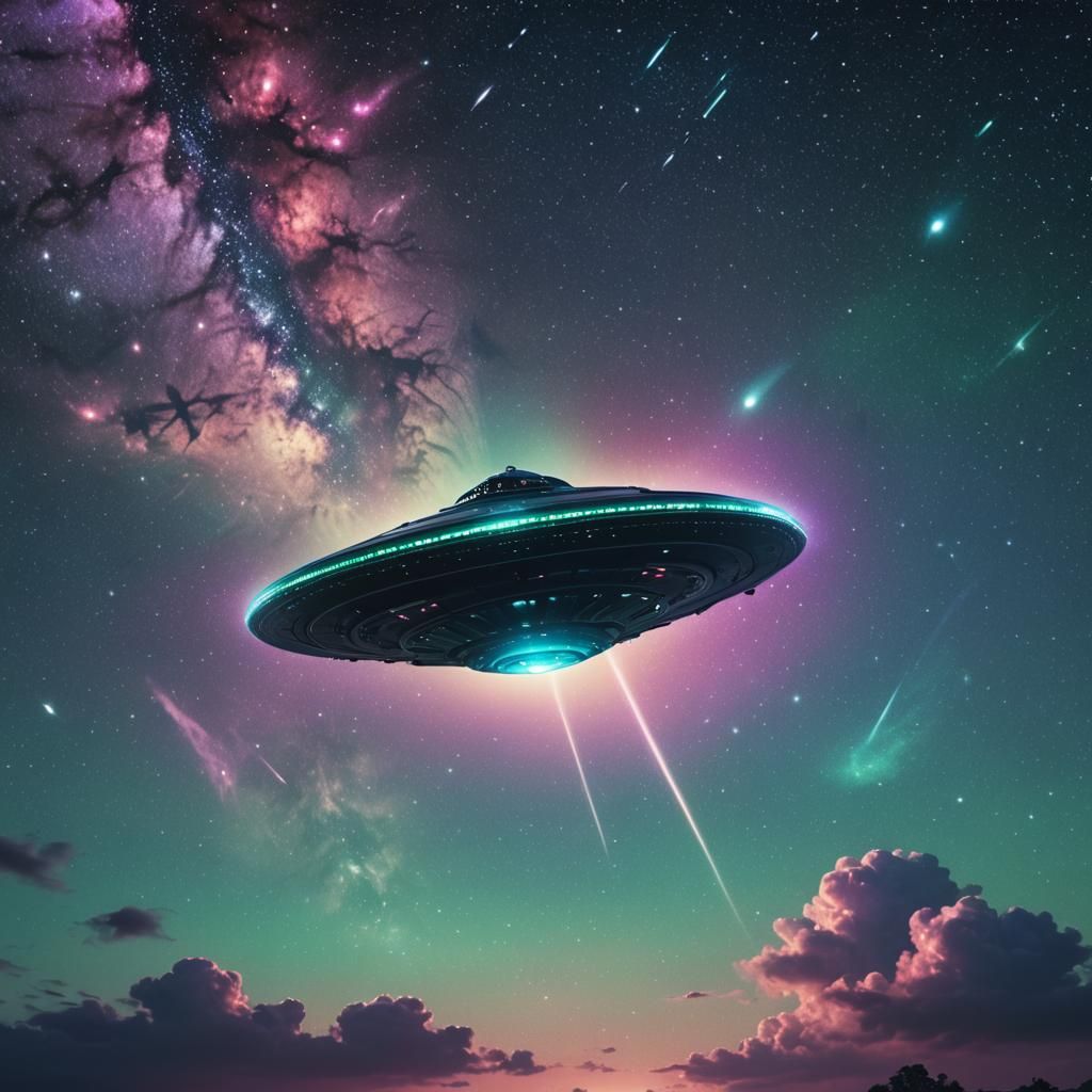 UFO Soaring in Starry Night Sky: Digital Matte Painting
