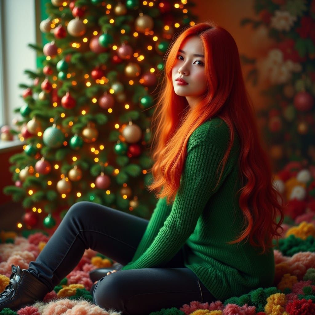 Woman in Green Shirt Sitting by Christmas Tree