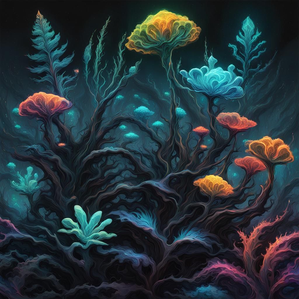 Bioluminescent Plants on Sci-Fi Planet in Retro-Futuristic A...