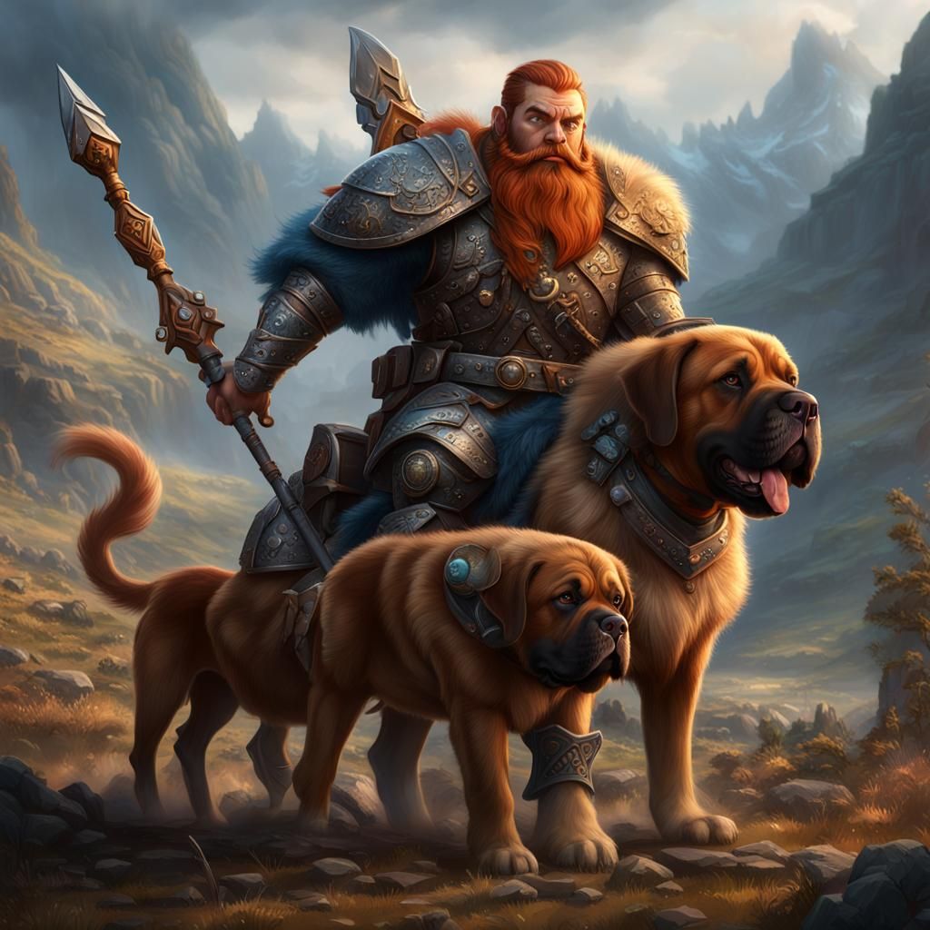 Dwarf Cavalry Soldier with Mastiff: Fantasy Art