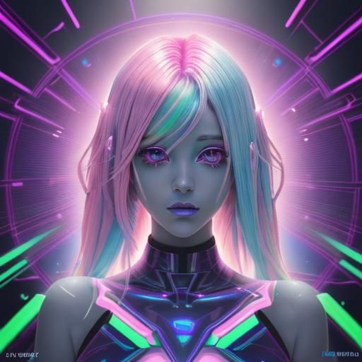 Psychedelic holographic android beauty with holographic pink hair with holographic purple accents& holographic green acc...