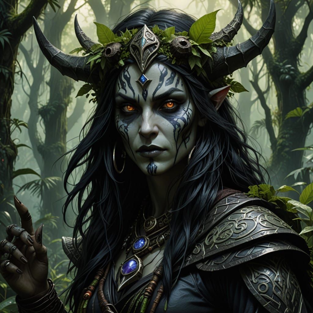 Dark Jungle Druid Goddess Confronts Mysterious Shadows