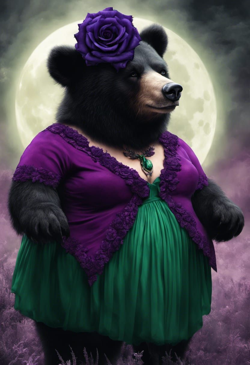 Gothic beautiful Bear "Lena" wears a black rose bow on her head, moonlit foggy darkness rising, gazing up with "sense of...