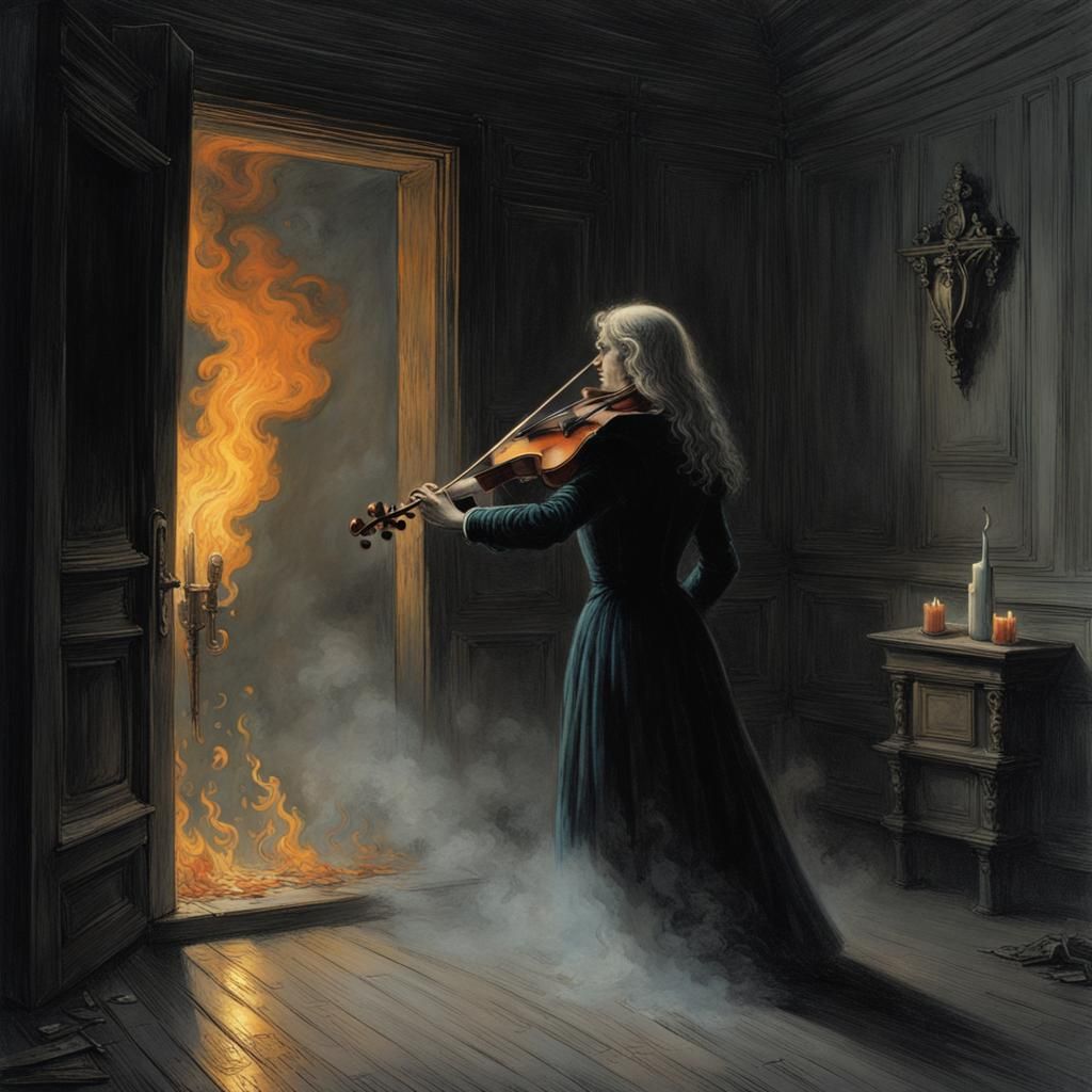 Gothic Horror Scene with White Lady in Mist