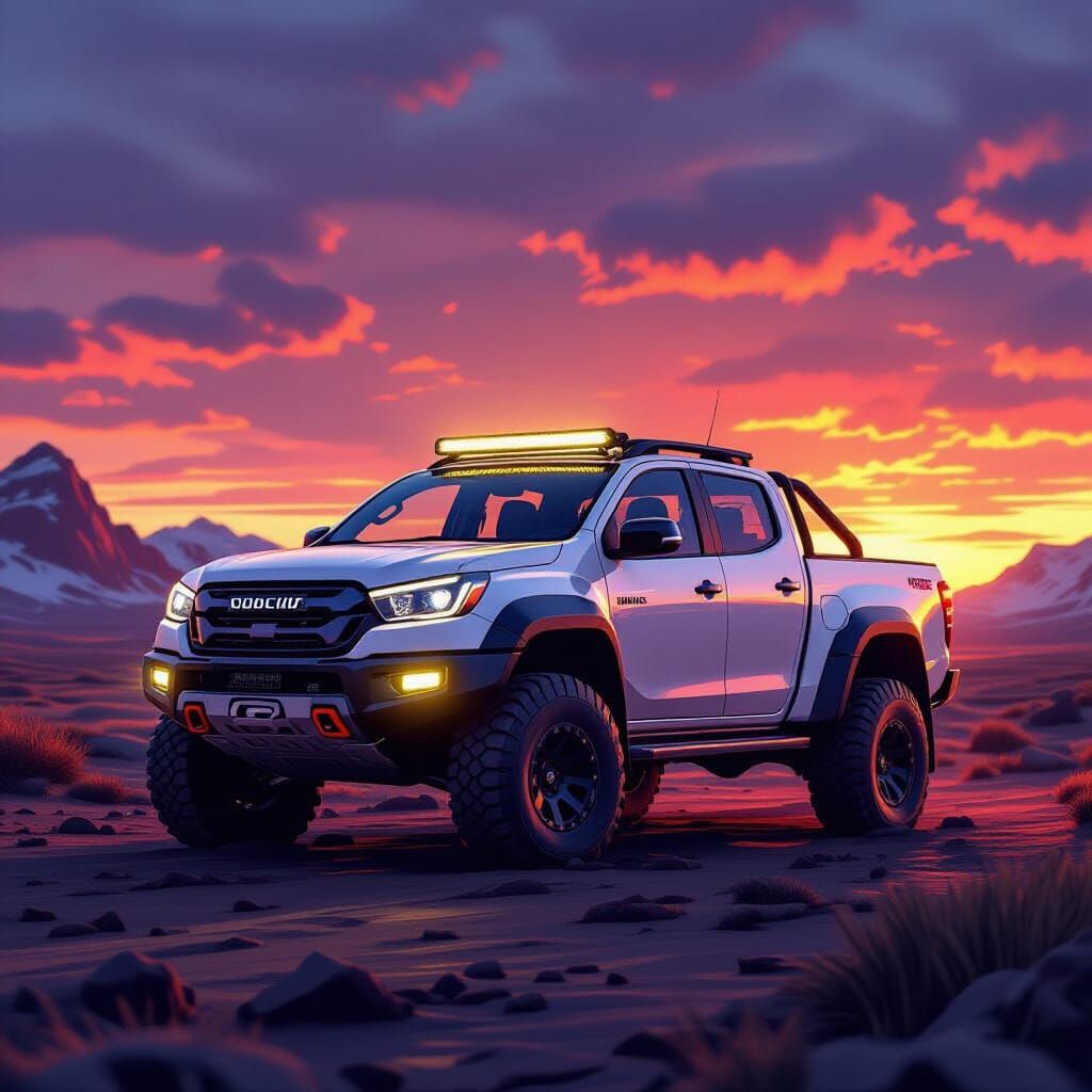 Isuzu D-Max in Sunset, Retro-Futuristic Style