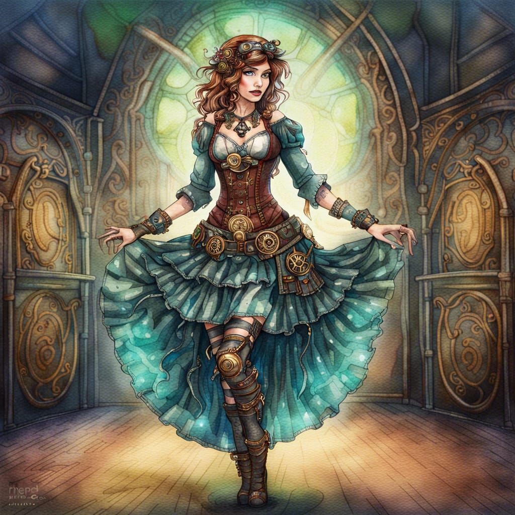 Beautiful Steampunk Lady Dancing in Watercolor Style