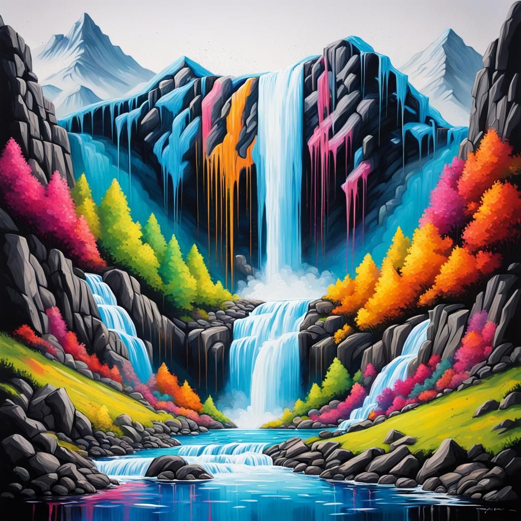 Colorful Waterfall and Mountains in Graffiti Style