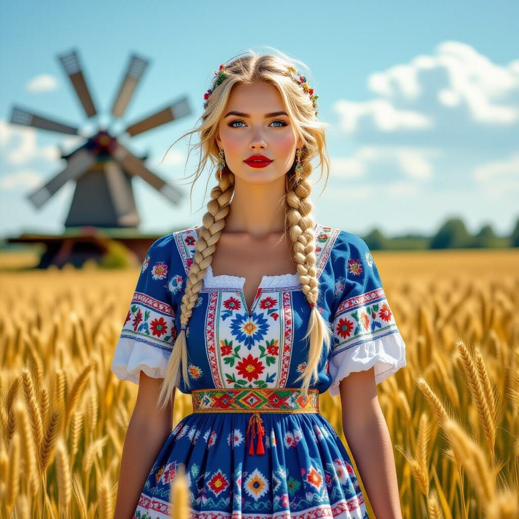 Ukrainian Woman in Vibrant Dress with Wheat Field
