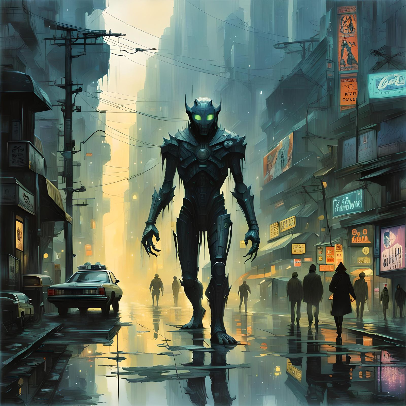 Cyberpunk Mutant Wolverine in Neon Cityscape