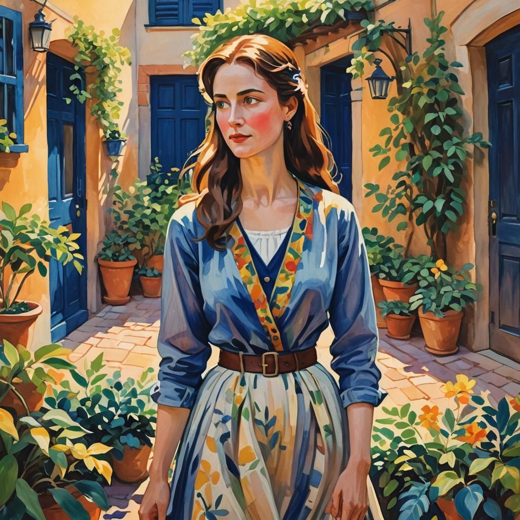 Fauvist Woman in a Sunlit Courtyard Painting