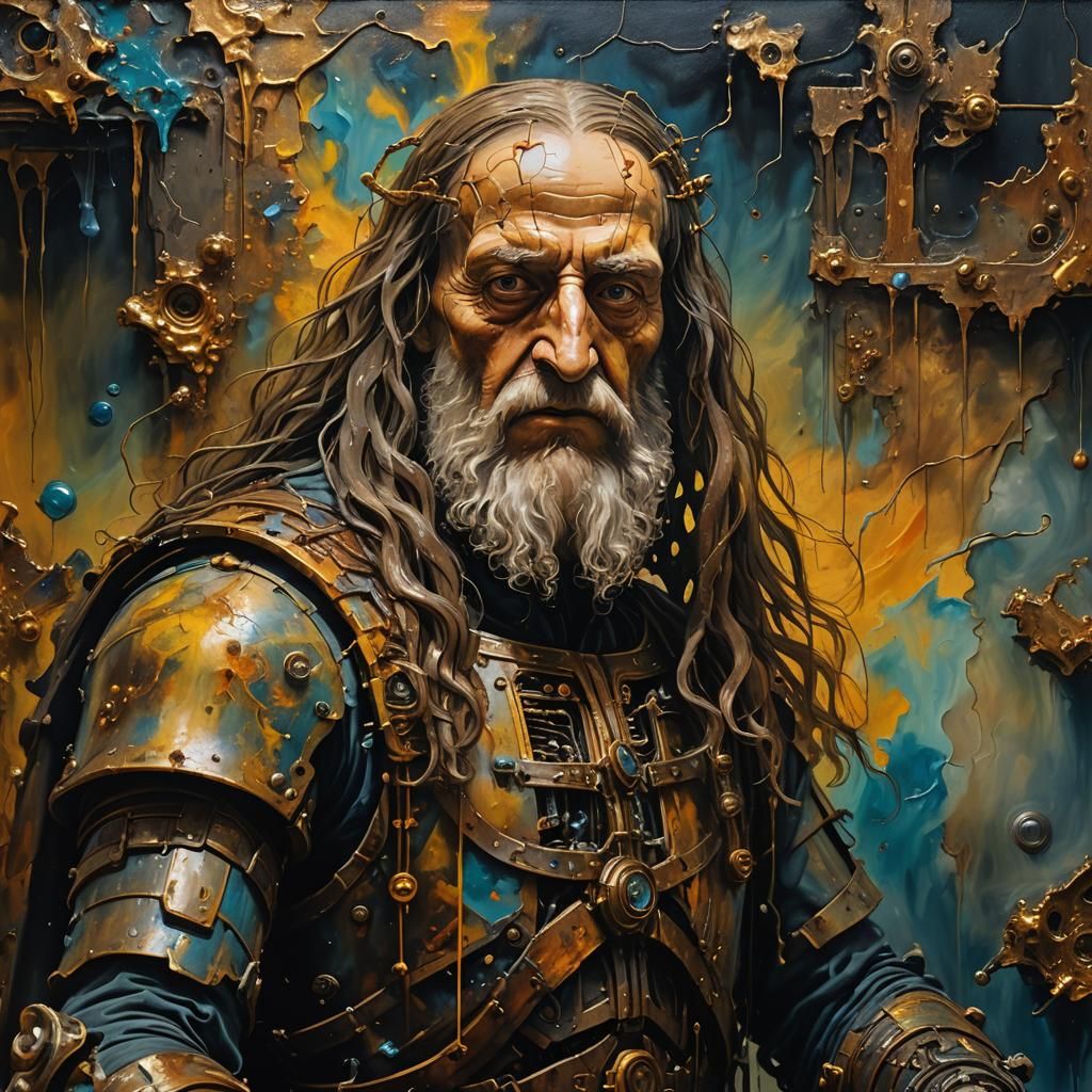 Cyborg da Vinci Painting a Movie Scene, Surreal Oil