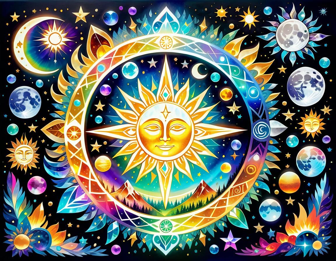 Iridescent Celestial Artwork with Glowing Runes