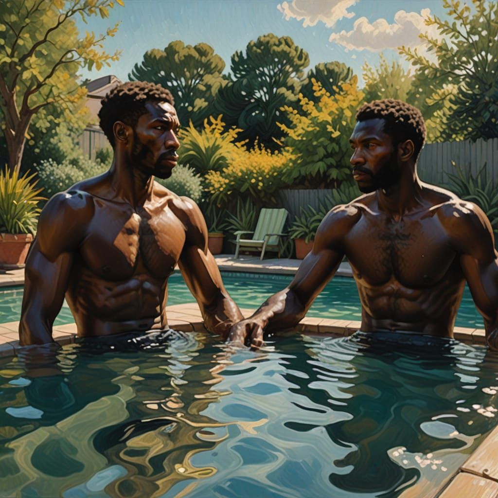 Two Handsome Black Men Relax by the Pool in Vibrant Oil Pain...