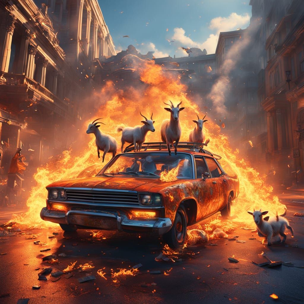 Goats Throwing Money into Burning Car: Matte Painting