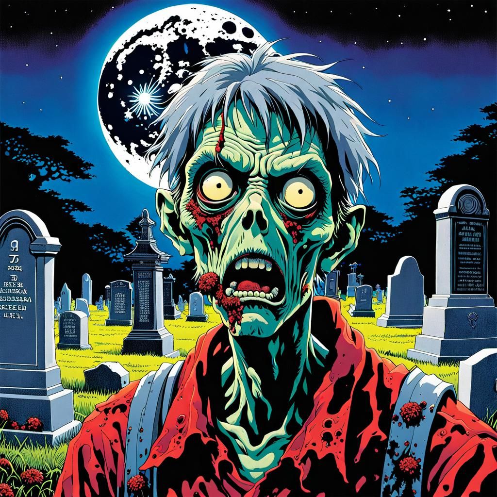 Anime Zombie Portrait in Cemetery: Hyperrealistic Splash Art
