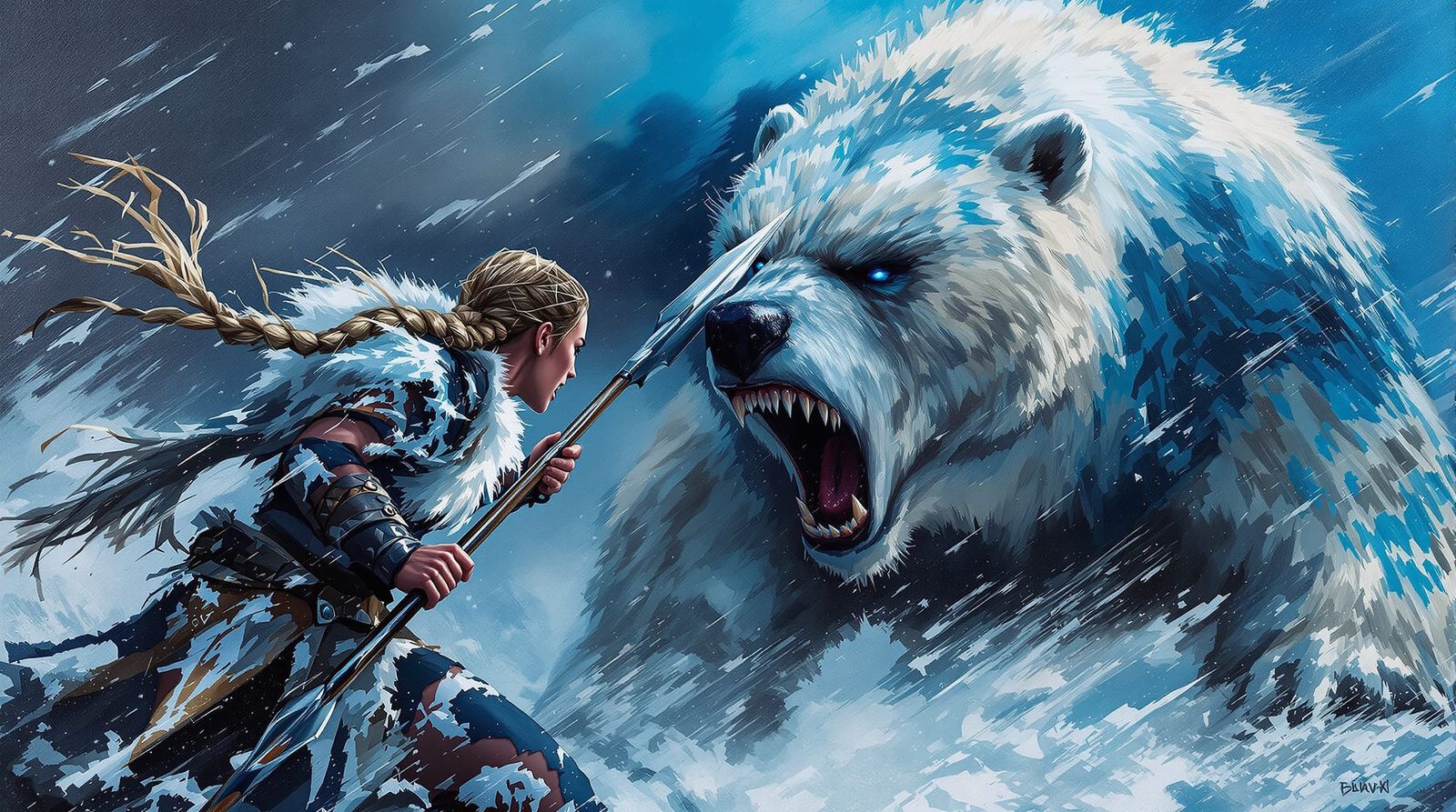 Viking Woman's Fierce Battle: Impasto Palette Knife Scene