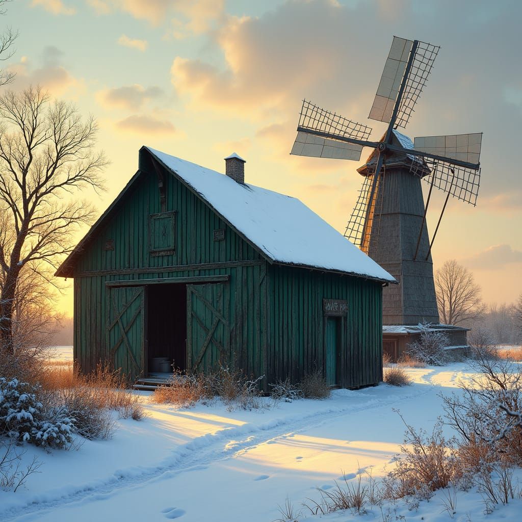 A dark green barn on a snow covered farm with a windmill beh...