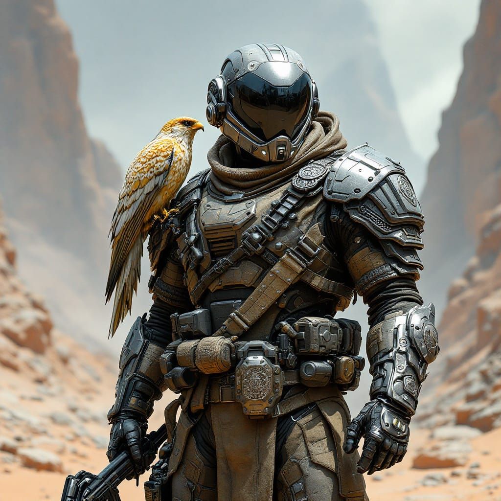 Cybernetic Soldier Stands Guard on Futuristic Desert Planet