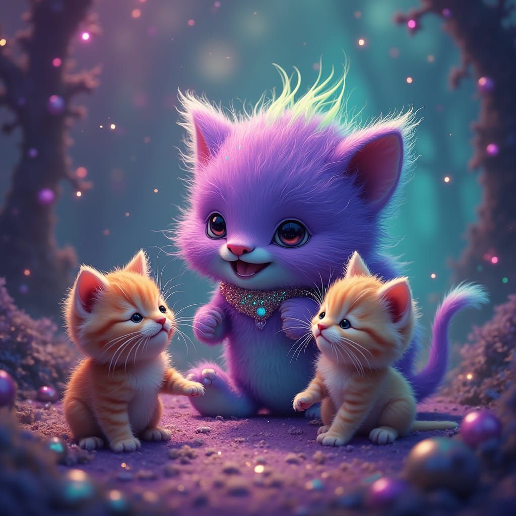 Whimsical Monster with Kittens in Astral Art Style