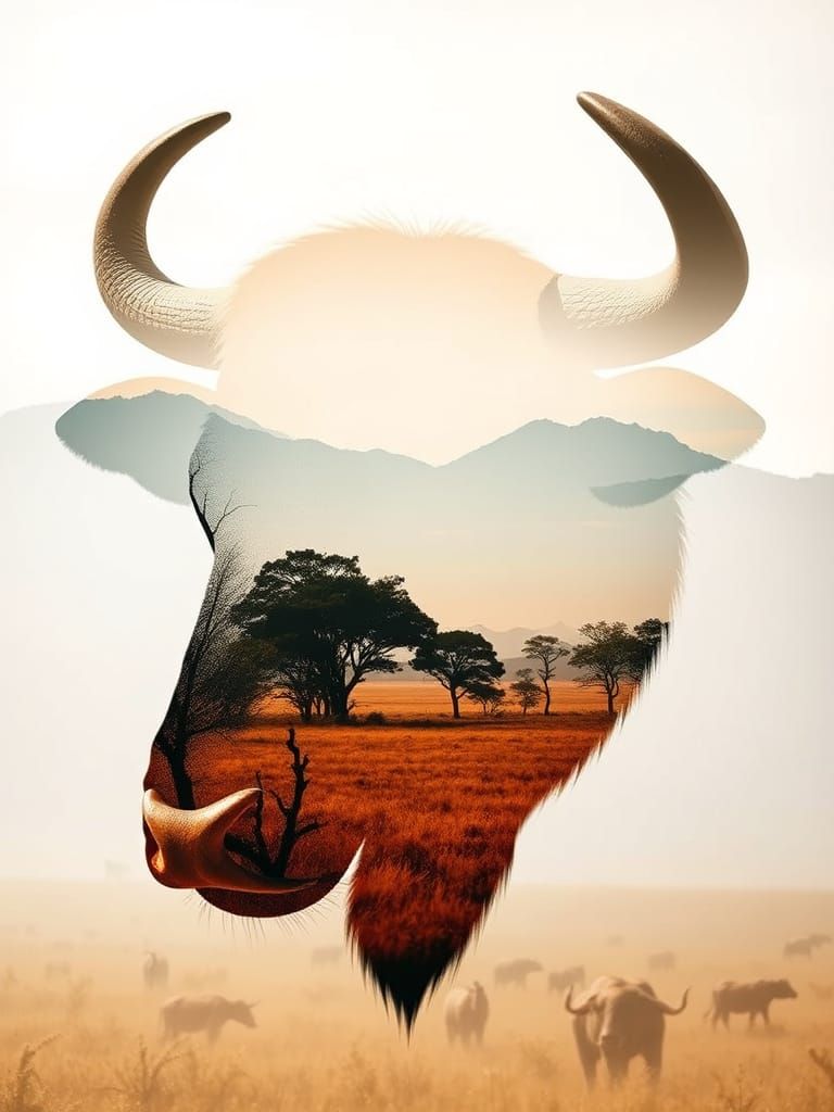 Abstract Bull Silhouette with African Plains