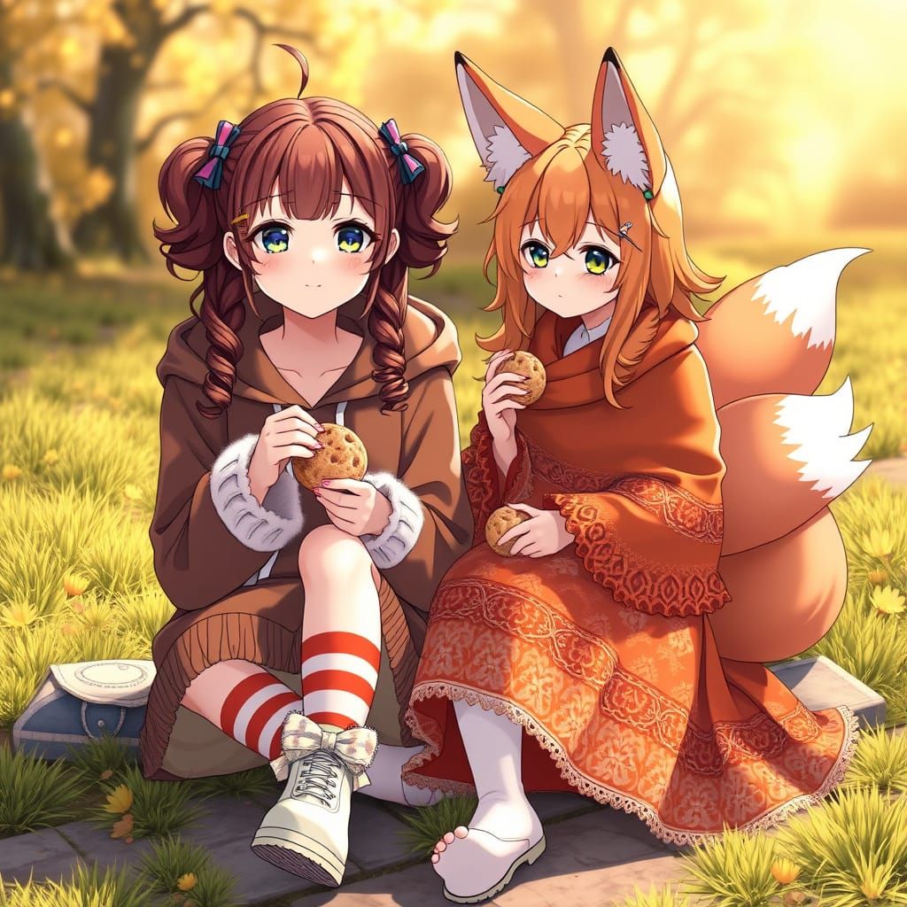 Anime Girls Enjoy Cookies on a Sunny Day in Vibrant Summer C...
