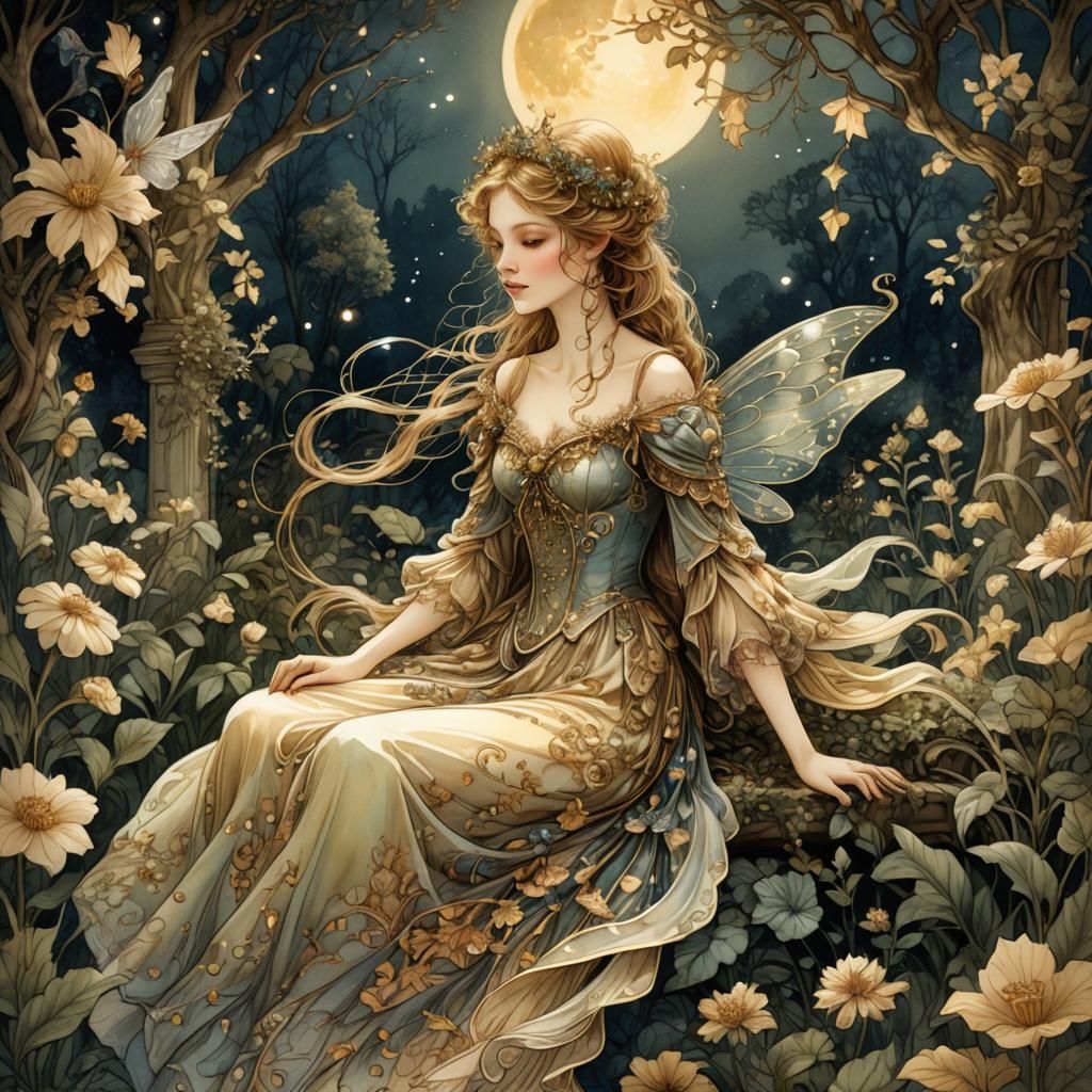 Victorian Fairy in Moonlit Garden Illustration