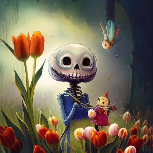 Colorful Skeleton with Tulips Illustration