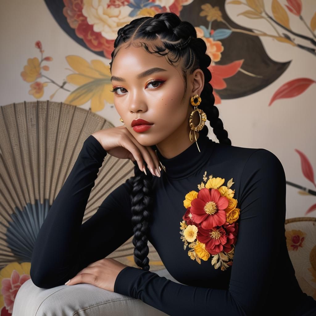 Striking Portrait of Young Woman with Braids and Floral Top