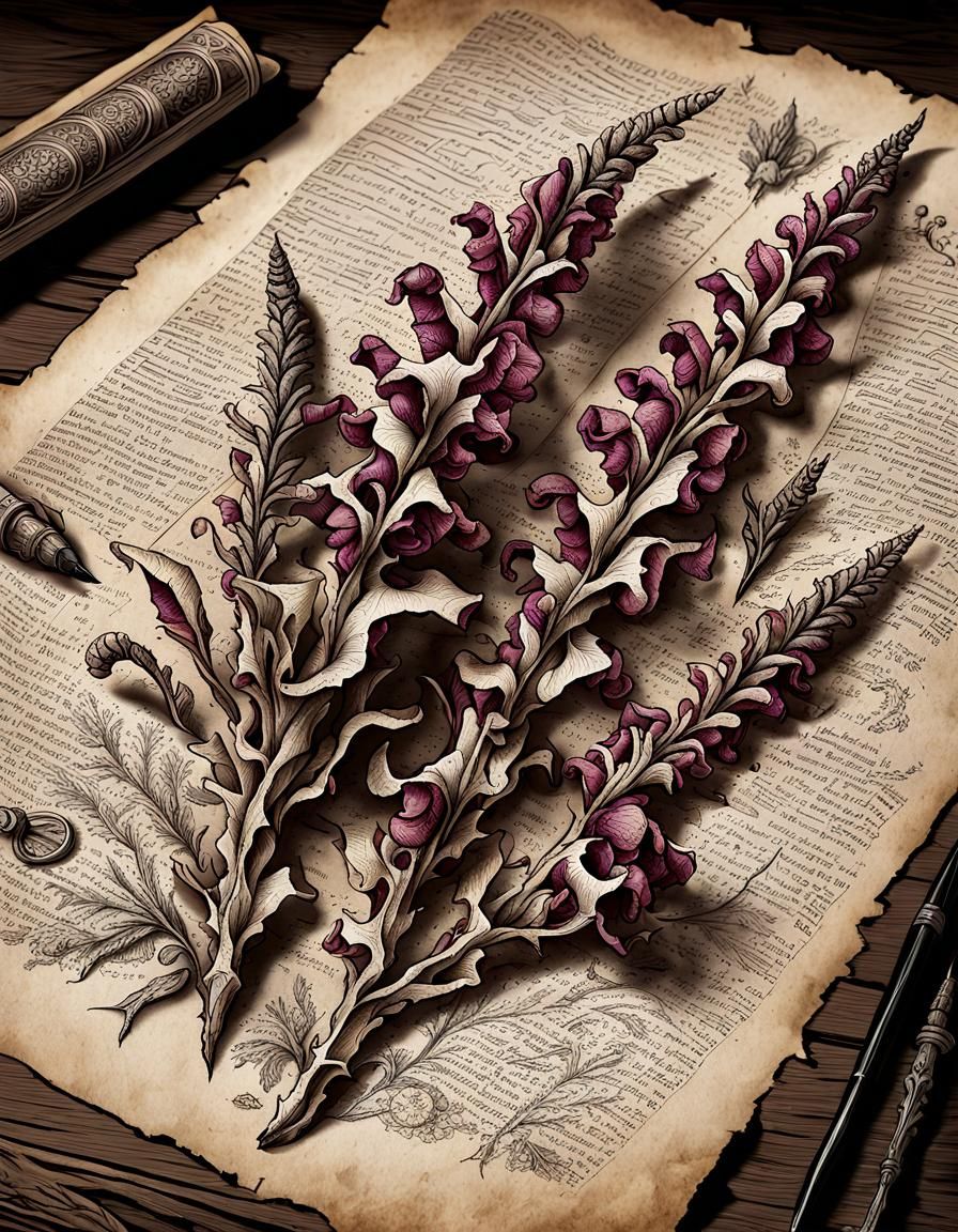 Botanical Ink Drawing of Dried Snapdragons