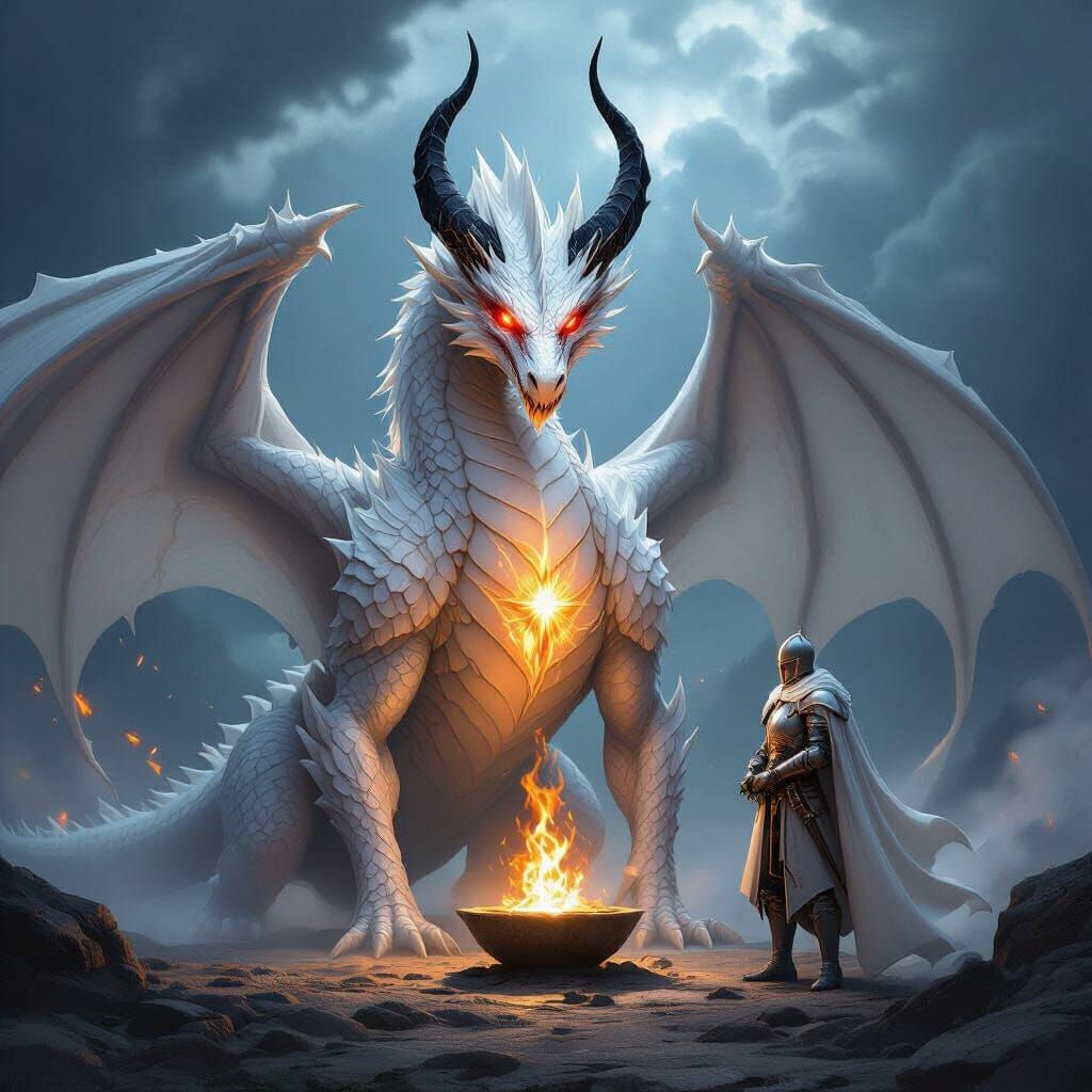 Majestic White Dragon Confronts Knight Under Stormy Sky