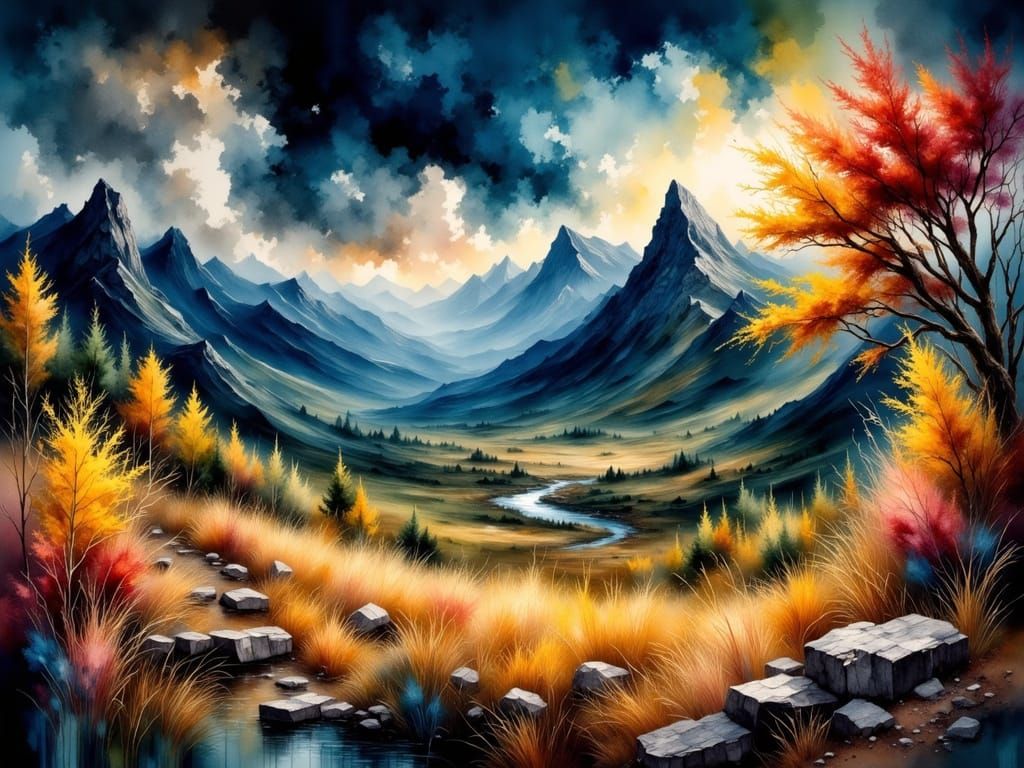 Ethereal Prehistoric Valley in Watercolor Impasto Style