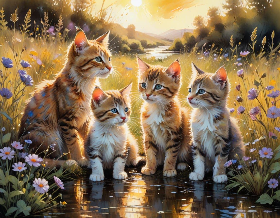 Kittens Play in Wildflower Meadow in Watercolor Style