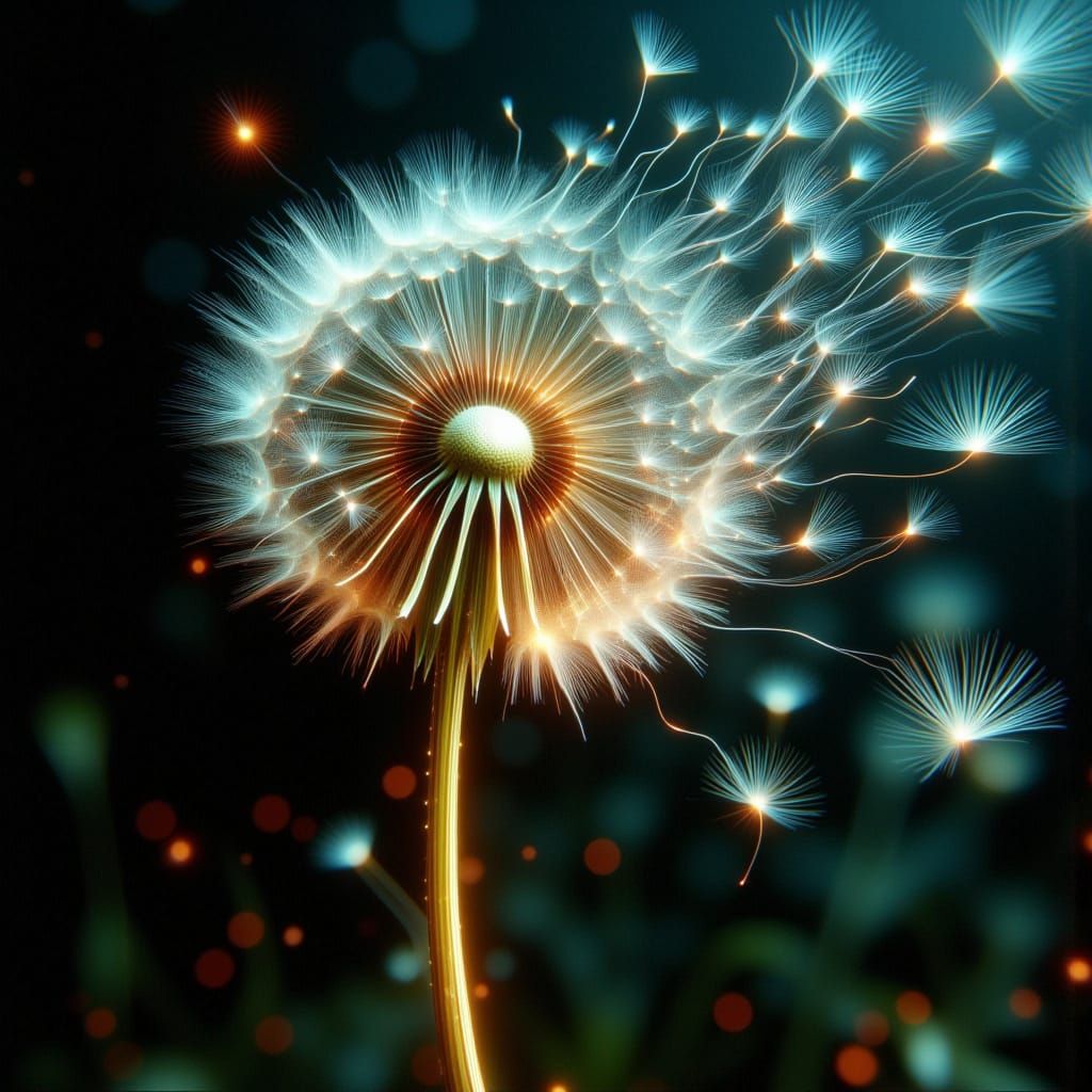 Cyberpunk Dandelion in Wind, Orange Teal Palette