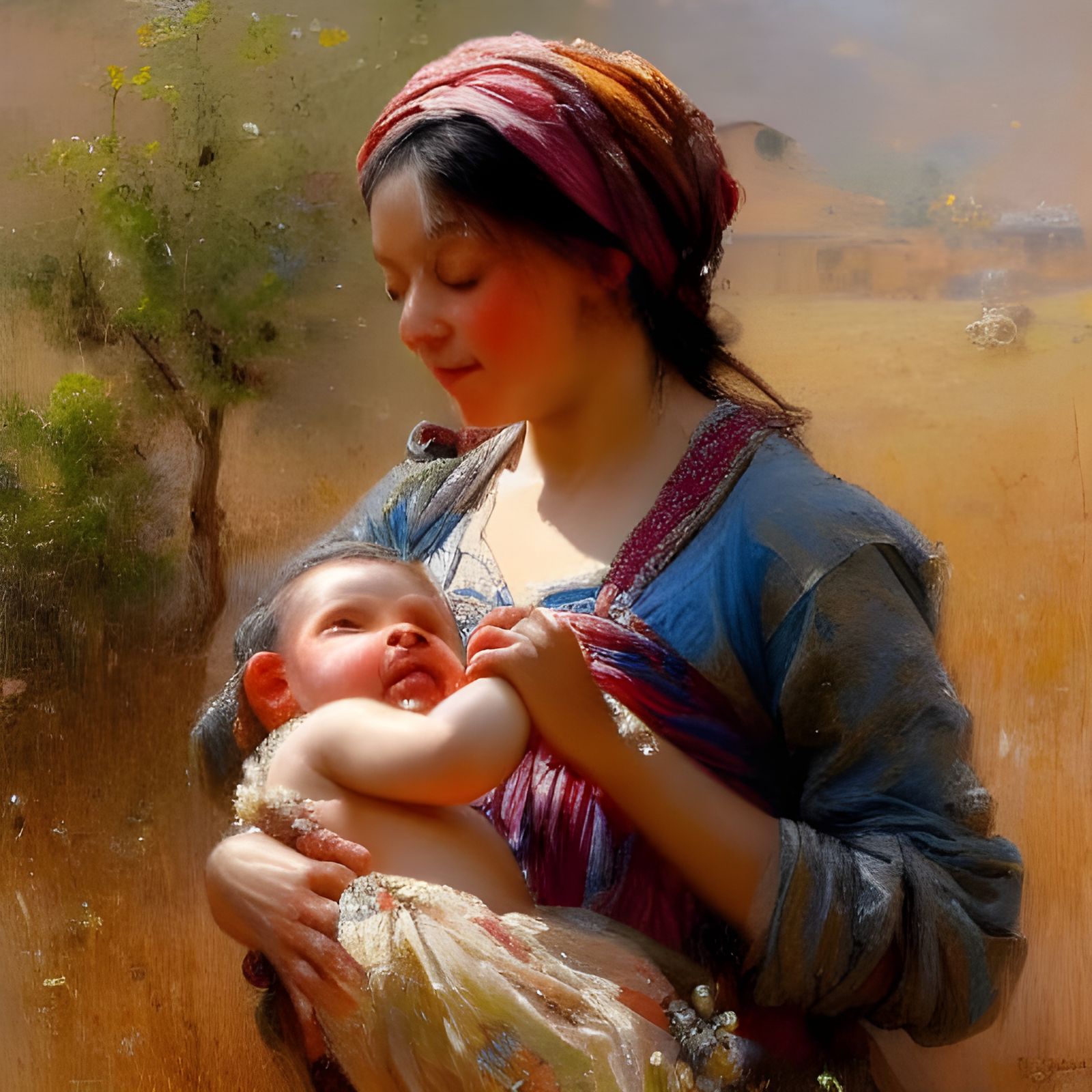 Ornate Oil Painting of Mother and Child