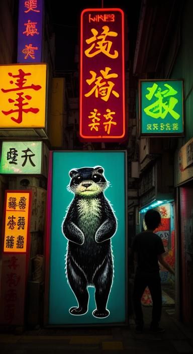 Neon Hong Kong Otters in Banksy Street Art Style