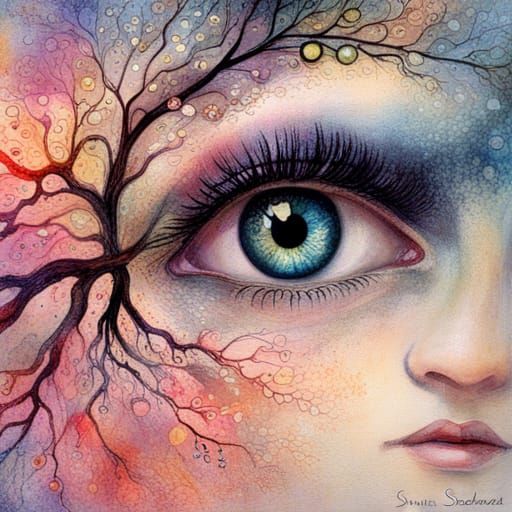 Eye Reflecting Branches and Silhouettes in Surrealist Style