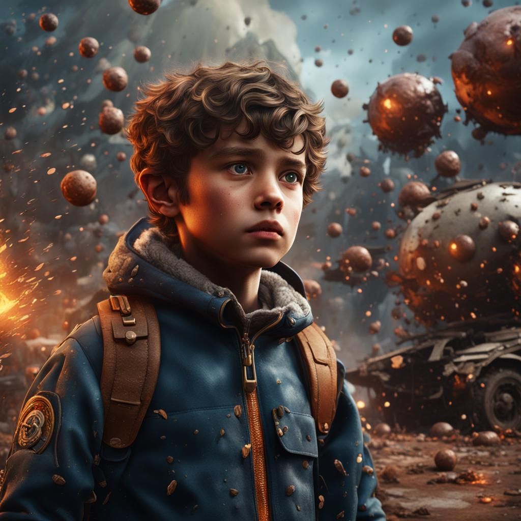 Confident Child Amidst Bombing in Detailed Matte Painting
