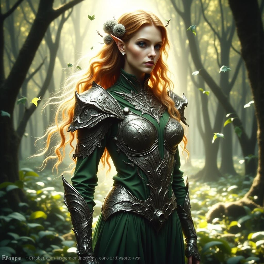 Elegant Elven Woman in Sun-Dappled Glade