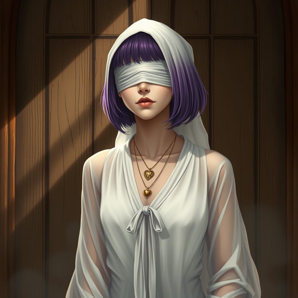 Mysterious Veiled Woman Before Door in Dusky Tones