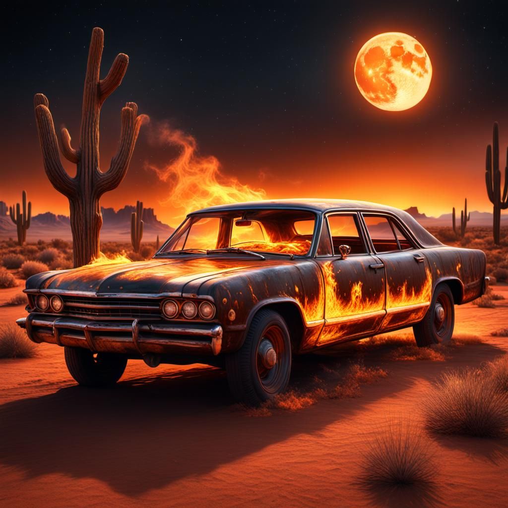 Ghost Car Ablaze in Arizona Desert Landscape