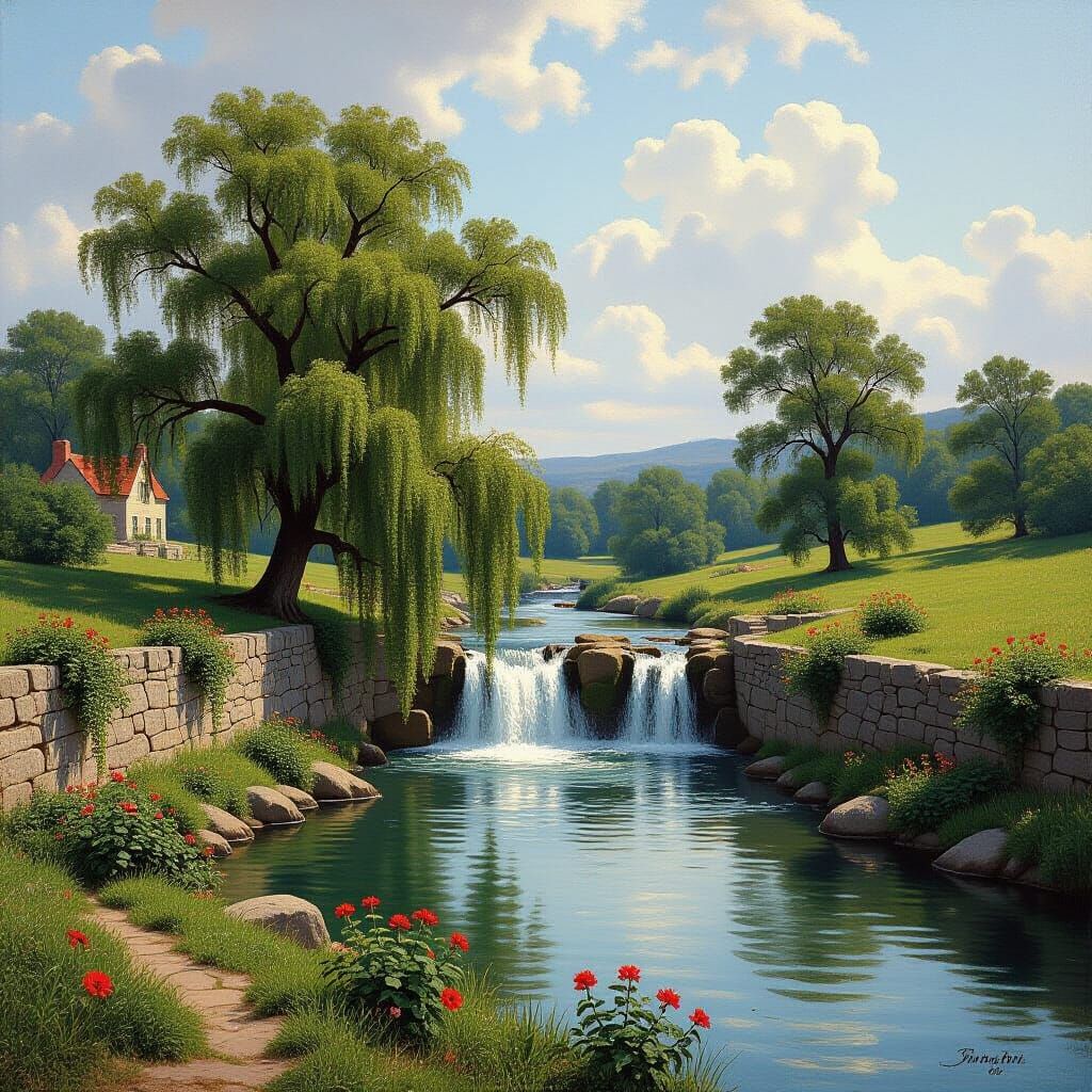 Idyllic River Landscape with Spring Flowers