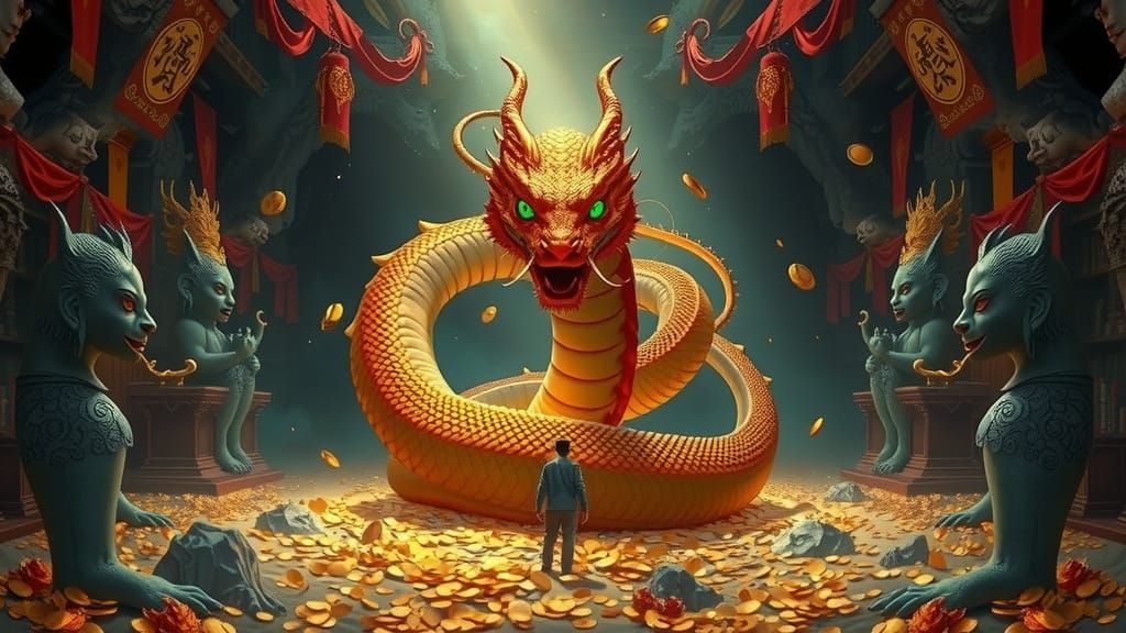 Realistic Fantasy Digital Painting of Colossal Orange-Gold S...
