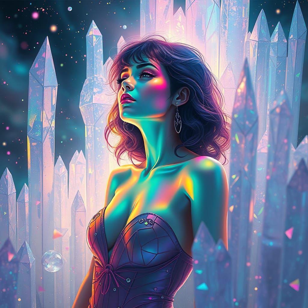 Iridescent Woman in Crystalline Dreamscape