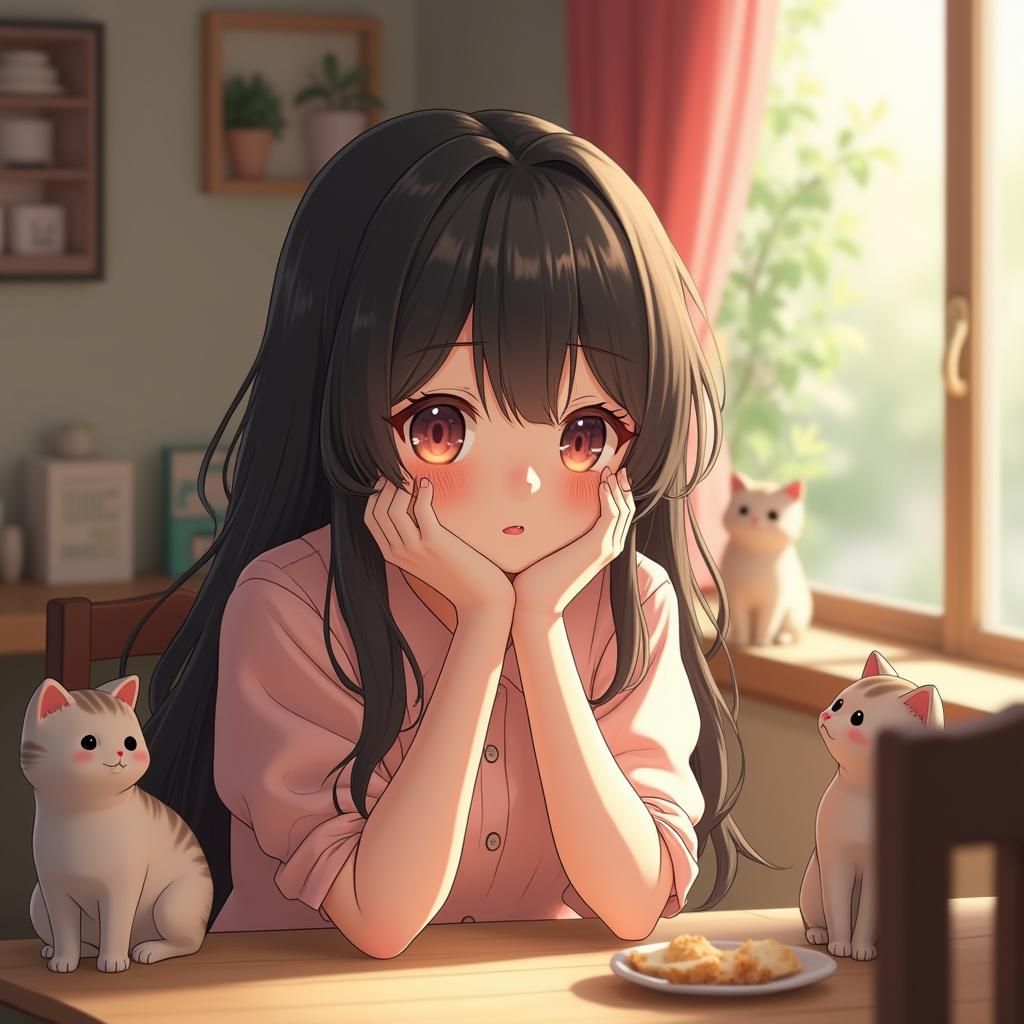 Anime Girl in Cafe with Cats: 3D Render