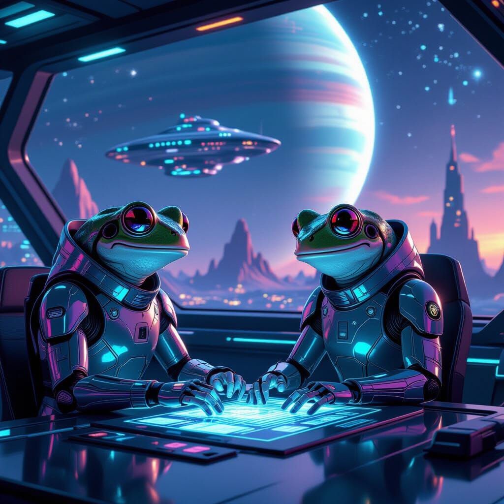 Alien Cyborg Frog Engineers in Spaceport