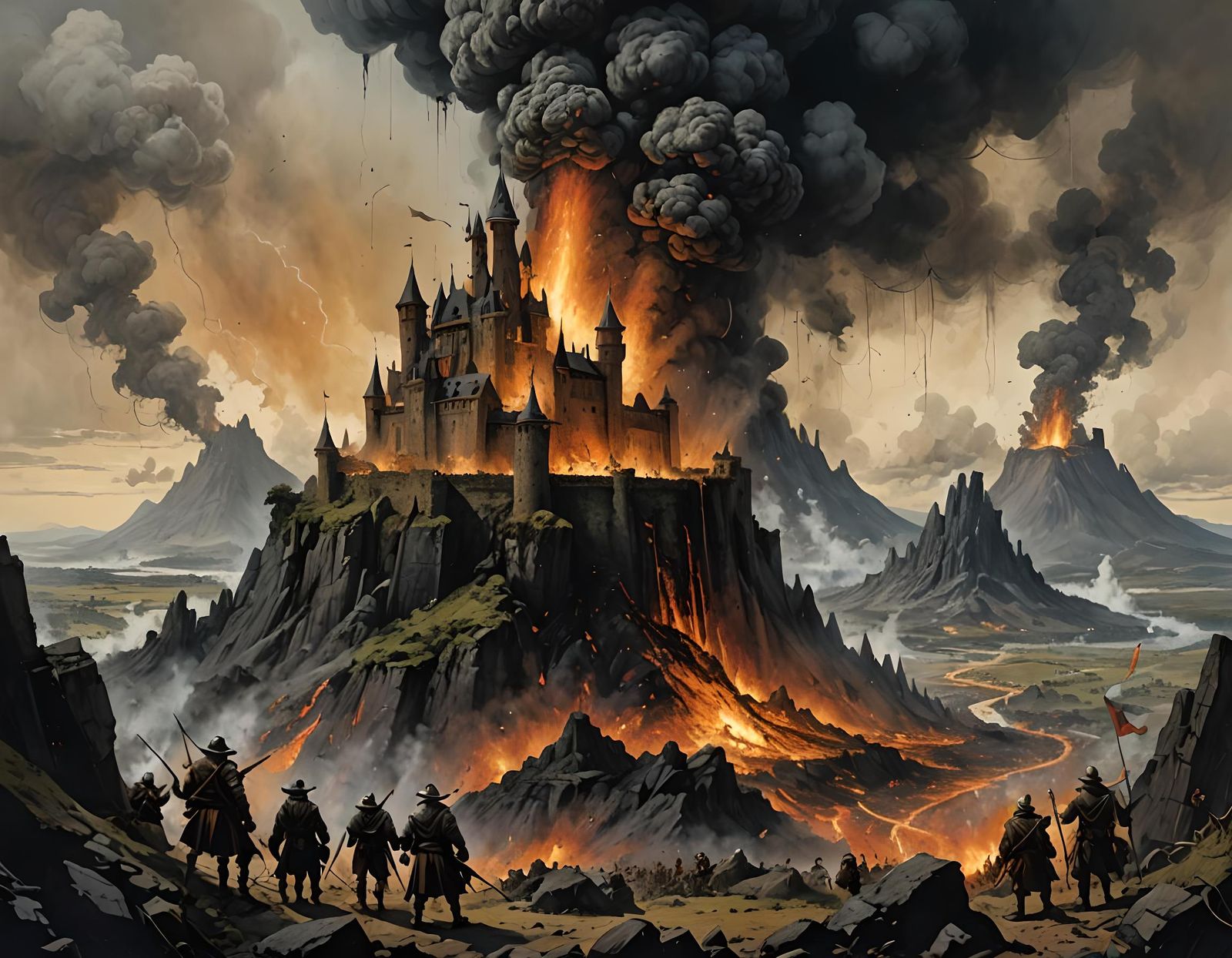Castle Illustration with Erupting Volcano